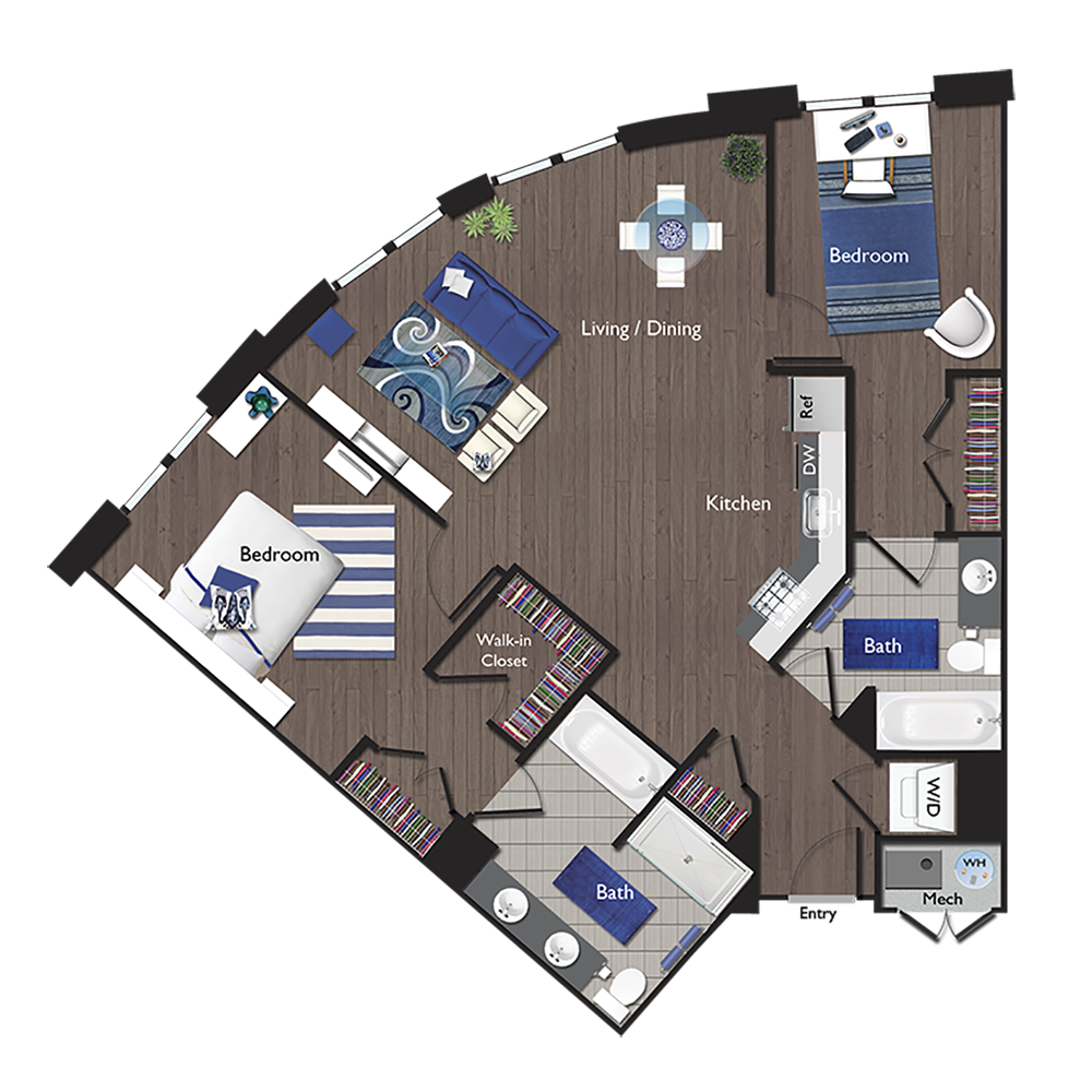 Floor plan for 2 beds, 2 baths, 1097 sqft